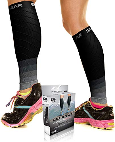 Physix Gear Sport Compression Calf Sleeves for Men & Women 20-30mmhg - Best Footless Compression Socks for Shin Splints, Running, Leg Pain, Nurses & Pregnancy -Increase Circulation - BLK/GRY S/M - M/L