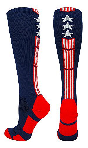 MadSportsStuff Patriot Stars and Stripes USA Flag Over the Calf Socks (Navy/Red/White 2.0, Small)