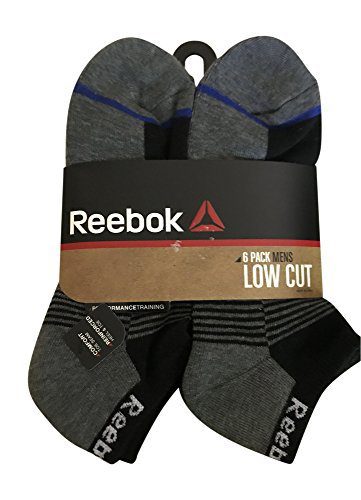 Reebok 6 Pack Mens Low Cut Performance Training Socks, Grey, Black Stripes  Sock: 10-13 / Shoe: 6-12.5