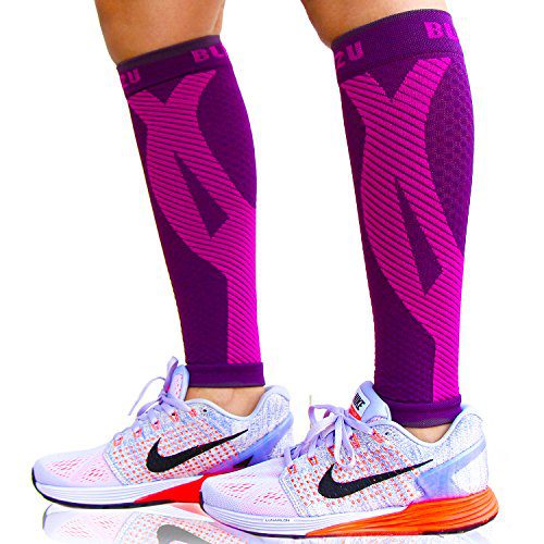 BLITZU Calf Compression Sleeve One Pair Leg Performance Support for Shin Splint & Calf Pain Relief. Men Women Runners Guards Sleeves for Running. Improves Circulation and Recovery Purple L/XL