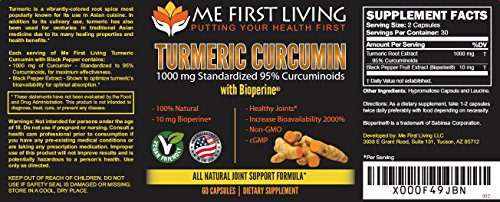 Turmeric Curcumin 1000mg 95% Curcuminoid, Bioperine (Black Pepper Extract) 10mg, 19x More Potent Than Others, Increased Absorption, Non-GMO, Organic Turmeric, Vegan, Gluten Free, 60 Capsules