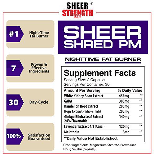 SHRED PM Nighttime Carb Blocker Supplement - Ginkgo Biloba, White Kidney Bean, Melatonin - 60 Fat Burner Diet Pills, Sheer Strength Labs